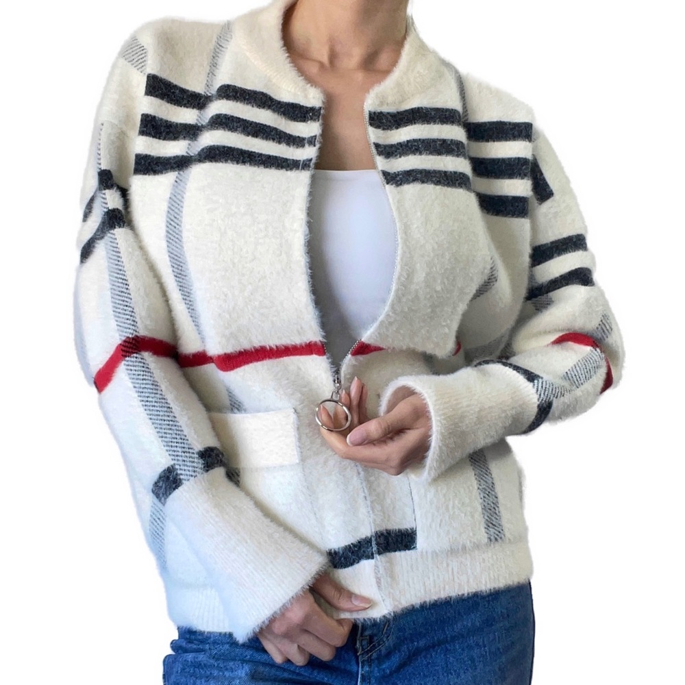 Unisex Check Plaid pattern Brushed knit jacket